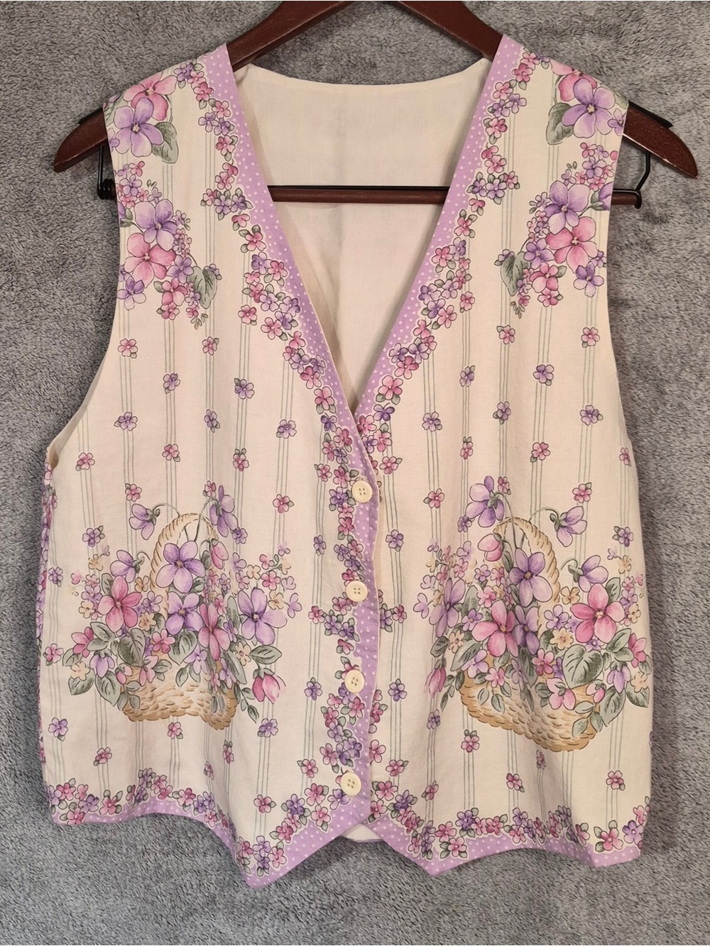 Floral Basket Pink Cream Sleeveless Button-Front Vest Top Cottagecore Vintage